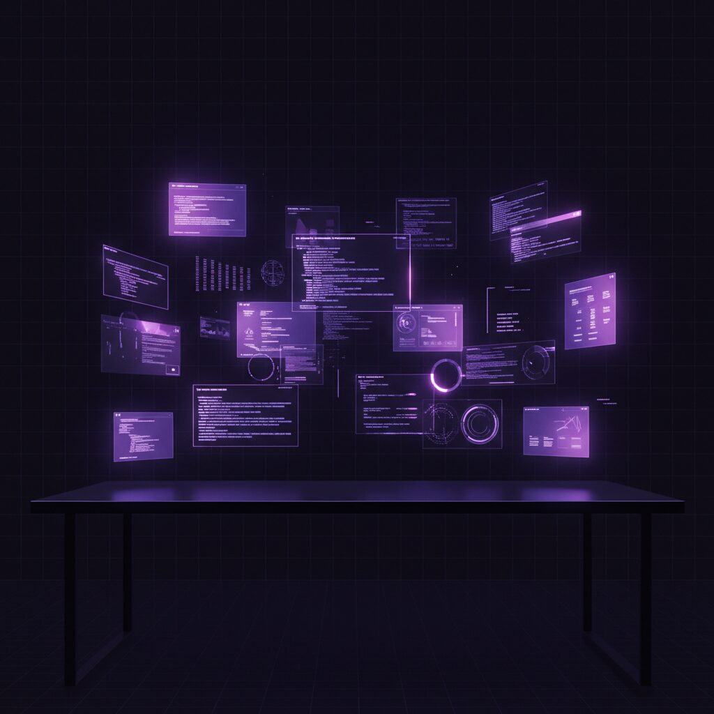 A workspace of floating holographic interfaces and code