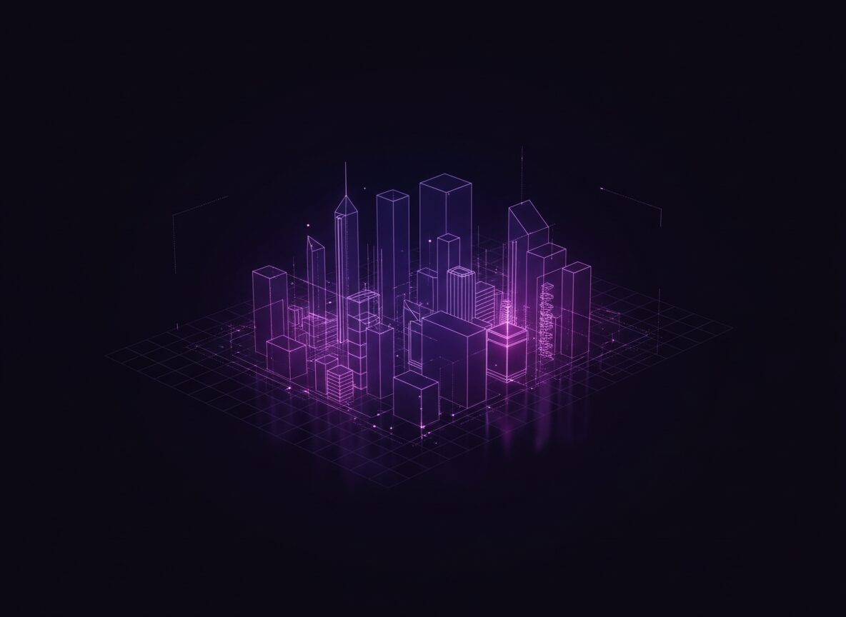 A glowing wireframe architecture assembling itself