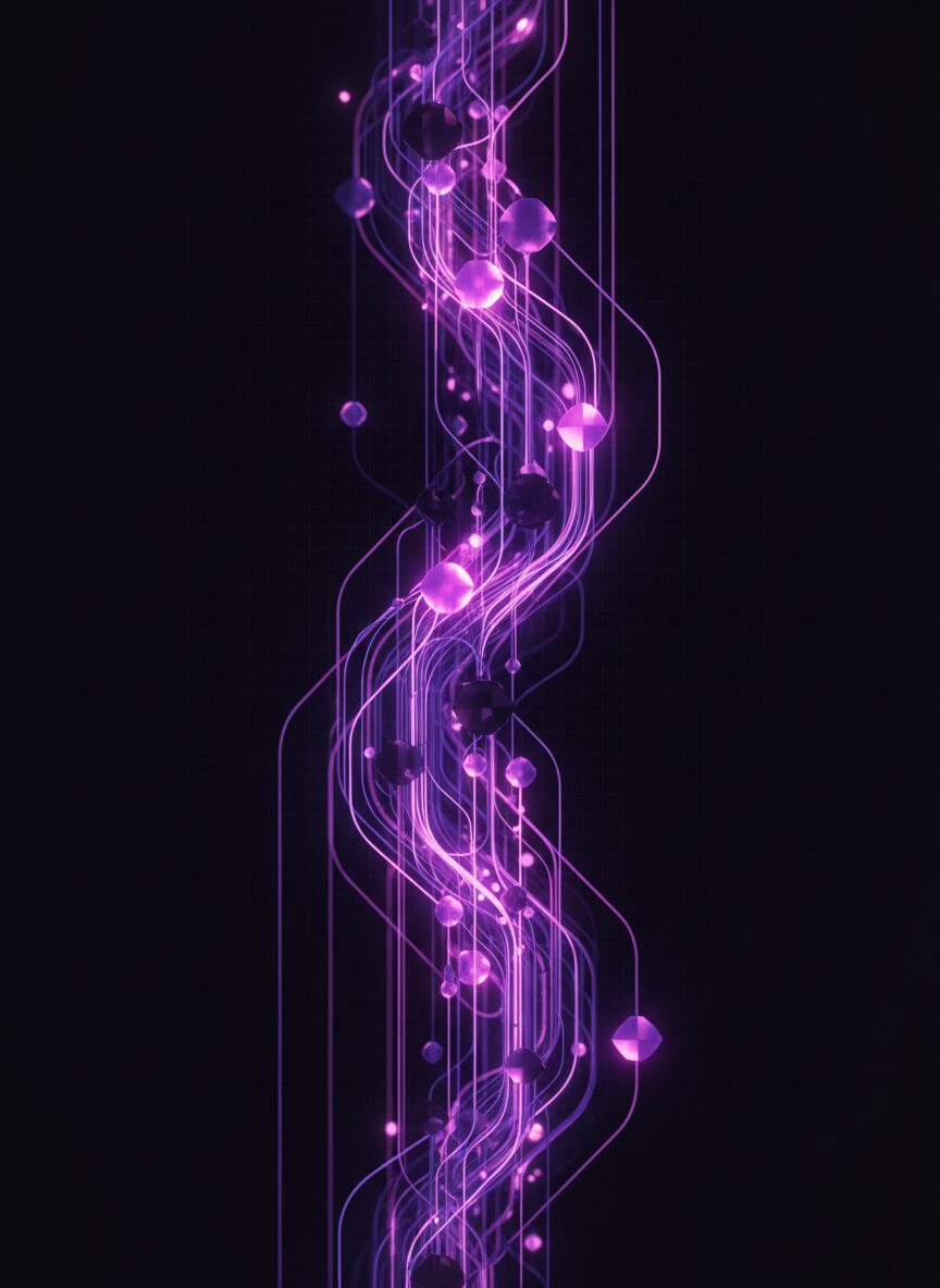 Glowing nodes connected by flowing lines representing automated workflows